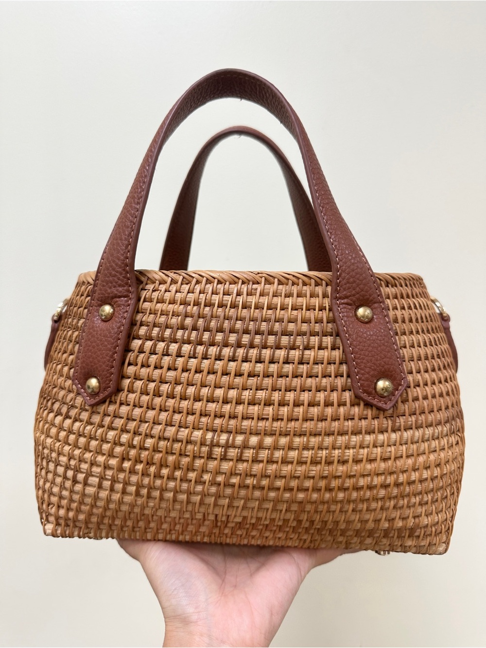 Brown Woven Handbag with Dark Brown Leather Handles